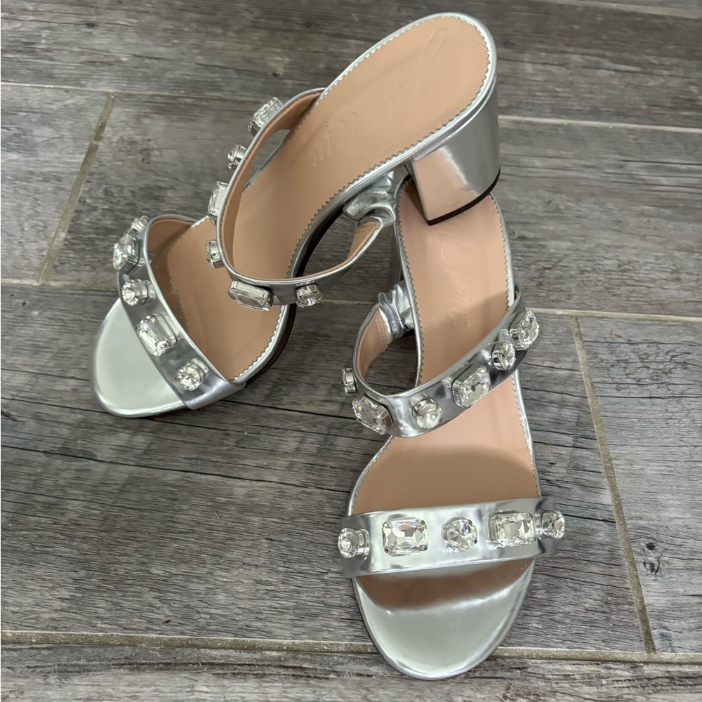 J Crew jeweled Lucie sandals in silver metallic leather
